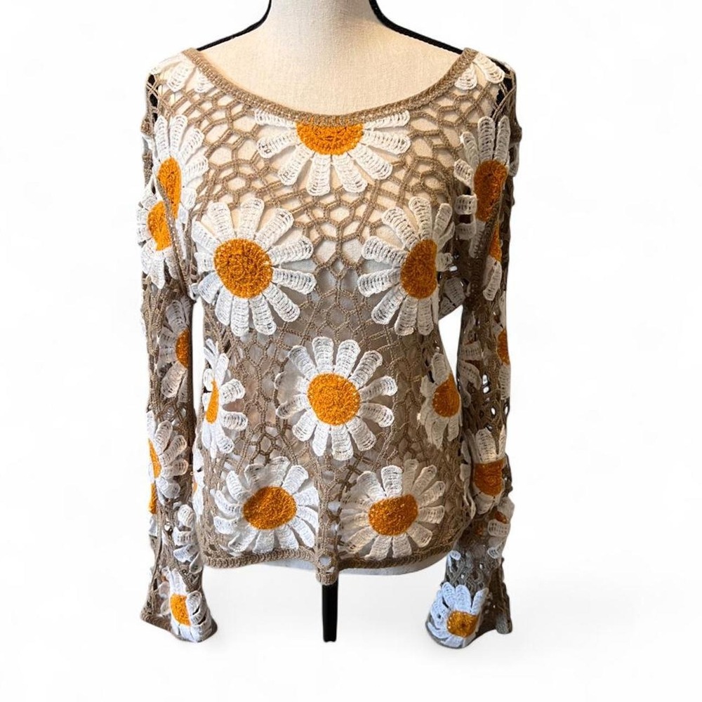 Rebellion Again Crochet Daisy Sweater Women's Size Large Retro 90s Vibes